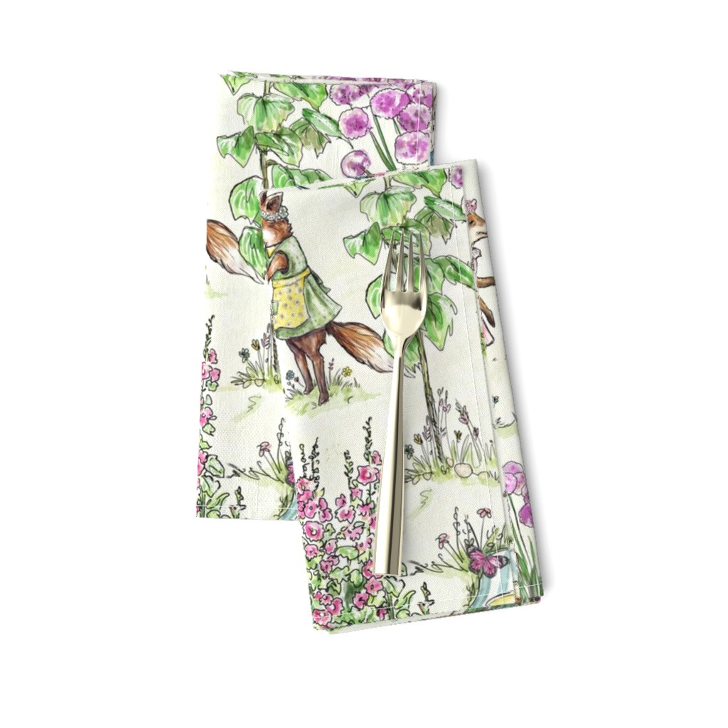 Charming Midsummer Maypole Foxes Children's Fabric - Cute Garden Design with Swan, Flowers, and Butterflies - Small