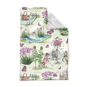 Charming Midsummer Maypole Foxes Children's Fabric - Cute Garden Design with Swan, Flowers, and Butterflies - Small