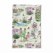 Charming Midsummer Maypole Foxes Children's Fabric - Cute Garden Design with Swan, Flowers, and Butterflies - Small