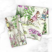 Charming Midsummer Maypole Foxes Children's Fabric - Cute Garden Design with Swan, Flowers, and Butterflies - Small