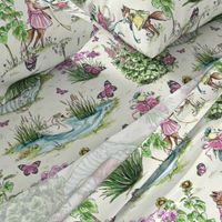 Charming Midsummer Maypole Foxes Children's Fabric - Cute Garden Design with Swan, Flowers, and Butterflies - Small