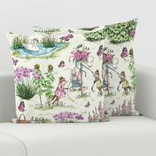 Charming Midsummer Maypole Foxes Children's Fabric - Cute Garden Design with Swan, Flowers, and Butterflies - Small