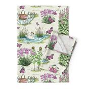 Charming Midsummer Maypole Foxes Children's Fabric - Cute Garden Design with Swan, Flowers, and Butterflies - Small