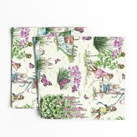 Charming Midsummer Maypole Foxes Children's Fabric - Cute Garden Design with Swan, Flowers, and Butterflies - Small