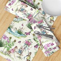 Charming Midsummer Maypole Foxes Children's Fabric - Cute Garden Design with Swan, Flowers, and Butterflies - Small