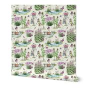 Charming Midsummer Maypole Foxes Children's Fabric - Cute Garden Design with Swan, Flowers, and Butterflies - Small