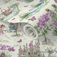 Charming Midsummer Maypole Foxes Children's Fabric - Cute Garden Design with Swan, Flowers, and Butterflies - Small