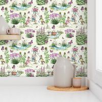 Charming Midsummer Maypole Foxes Children's Fabric - Cute Garden Design with Swan, Flowers, and Butterflies - Small