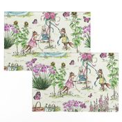 Charming Midsummer Maypole Foxes Children's Fabric - Cute Garden Design with Swan, Flowers, and Butterflies - Small