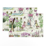 Charming Midsummer Maypole Foxes Children's Fabric - Cute Garden Design with Swan, Flowers, and Butterflies - Small