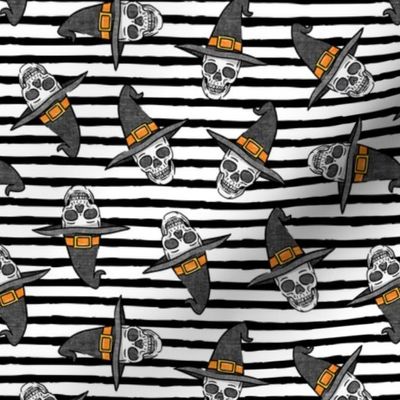 skull witches - halloween witch hat fabric - black stripes - LAD20
