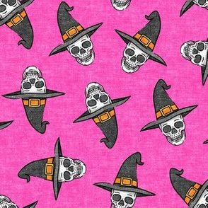 skull witches - halloween witch hat fabric - hot pink - LAD20