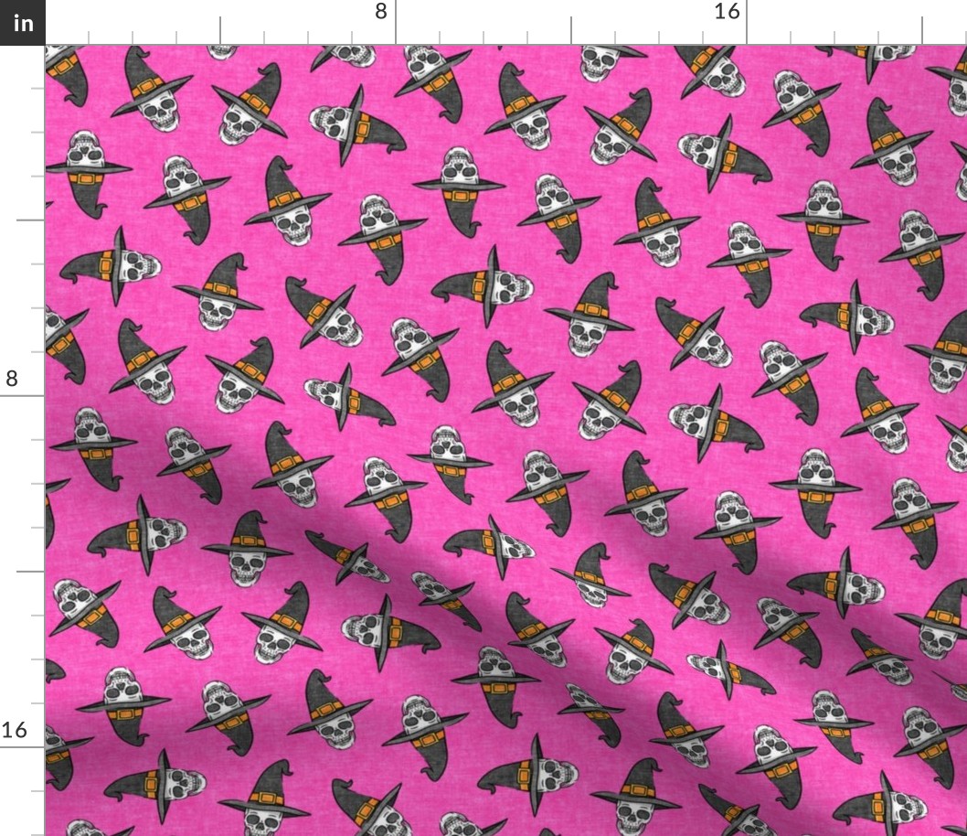 skull witches - halloween witch hat fabric - hot pink - LAD20