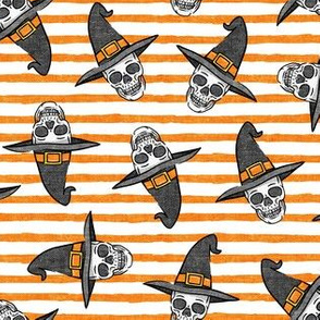 skull witches - halloween witch hat fabric - orange stripes - LAD20
