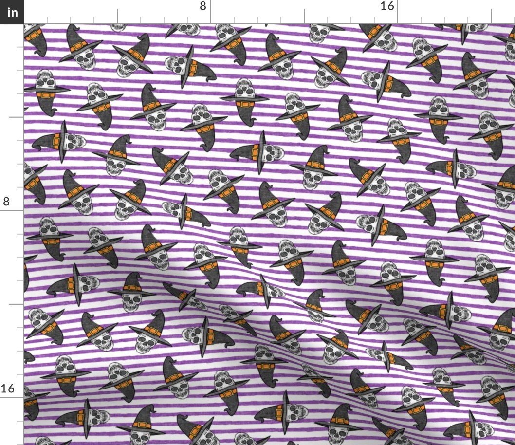 skull witches - halloween witch hat fabric - purple stripes - LAD20