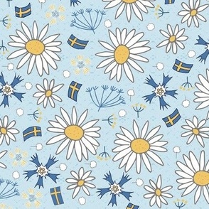 swedish summer flowers and flags on light blue | medium