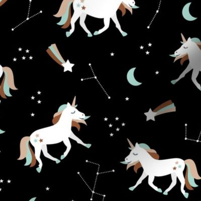 Magical universe rainbow constellation unicorn and shooting stars kids nursery design black brown mint boys