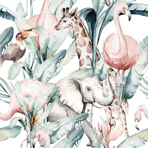 Watercolor African pink flamingo bird, elephant,  hornbill, giraffe and green jungle 
