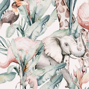 Watercolor African pink flamingo bird, elephant,  hornbill, giraffe and green jungle  2