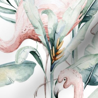 Watercolor African pink flamingo bird  with jungle greenery 4