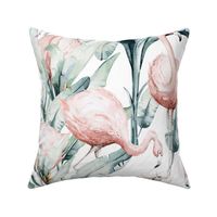 Watercolor African pink flamingo bird  with jungle greenery 4