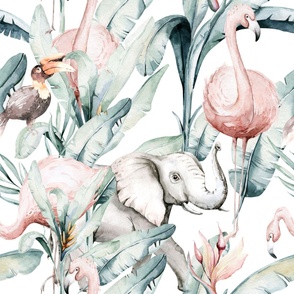 Watercolor African pink flamingo bird, elephant,  hornbill and green jungle greenery 1
