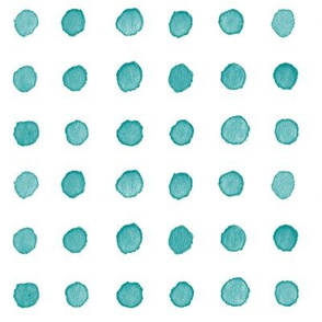 Watercolor Dots in Teal Blue (large scale) | Watercolor fabric, hand painted polka dots, dotty pattern fabric in blue green on white, turquoise blue watercolor.
