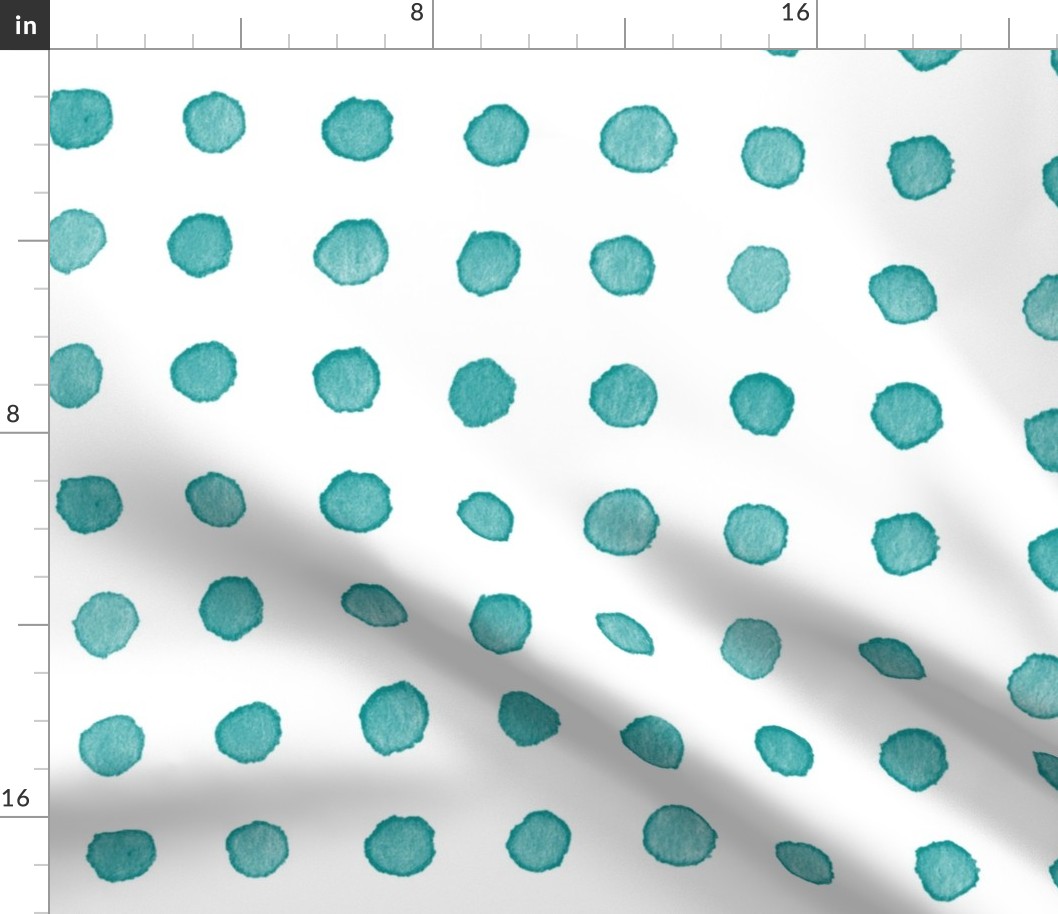Watercolor Dots in Teal Blue (xl scale) | Watercolor fabric, hand painted polka dots, dotty pattern fabric in blue green on white, turquoise blue watercolor.