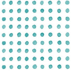 Watercolor Dots in Teal Blue | Watercolor fabric, hand painted polka dots, dotty pattern fabric in blue green on white, turquoise blue watercolor.