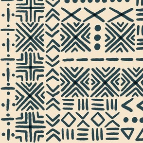 Mud Cloth Tribal Dark Blue, Dots Lines and Triangles