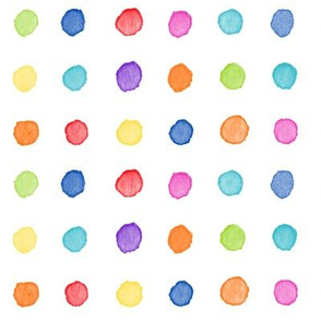 Rainbow Watercolor Dots (xl scale) | Bright and colorful watercolor fabric, hand painted multicolor polka dots, dotty rainbow fabric, painted circles fabric.