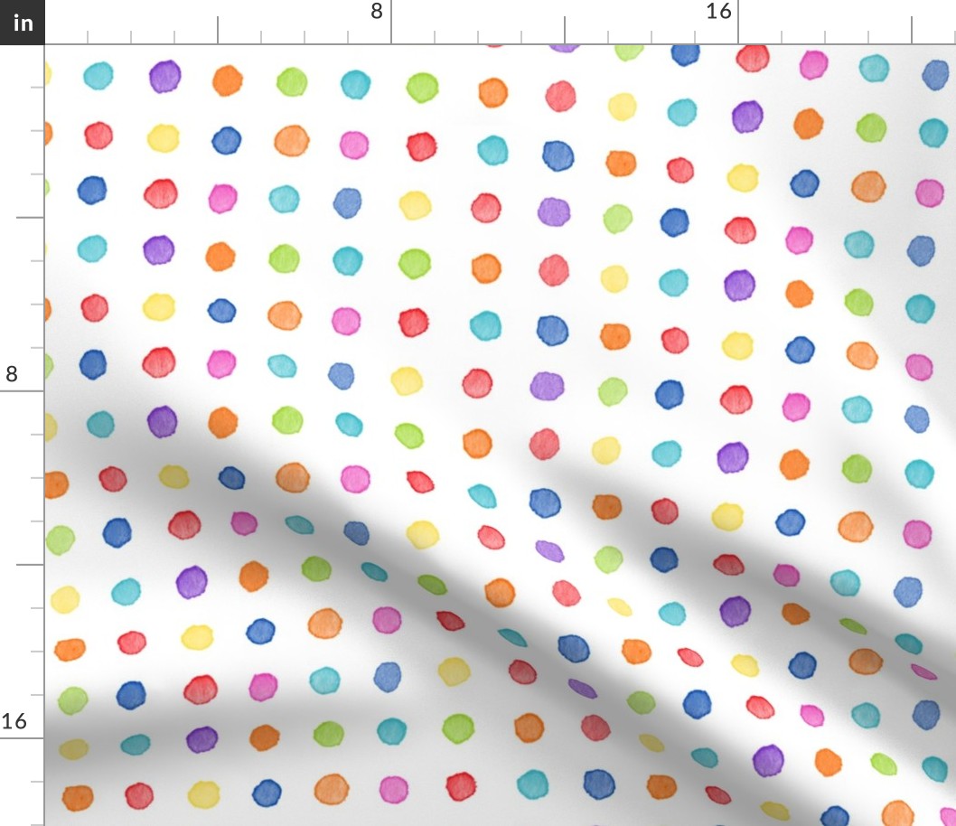 Rainbow Watercolor Dots (xl scale) | Bright and colorful watercolor fabric, hand painted multicolor polka dots, dotty rainbow fabric, painted circles fabric.