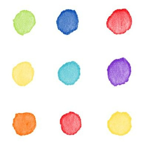 Rainbow Watercolor Dots (xxl scale) | Bright and colorful watercolor fabric, hand painted multicolor polka dots, dotty rainbow fabric, painted circles fabric.