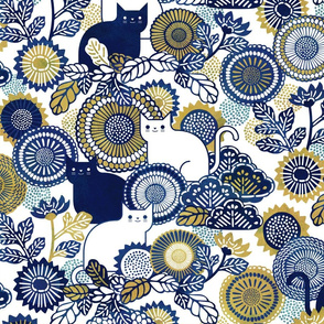 Midsummer Cats Medium- Cat and Flowers- Japanese Vintage Floral- White- Indigo Blue- Navy Blue- Gold- Yellow