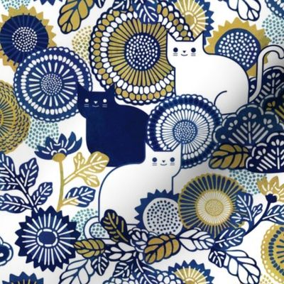 Midsummer Cats Small- Cat and Flowers- Japanese Vintage Floral- White- Indigo Blue- Navy Blue- Gold- Yellow