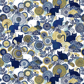 Midsummer Cats Small- Cat and Flowers- Japanese Vintage Floral- White- Indigo Blue- Navy Blue- Gold- Yellow