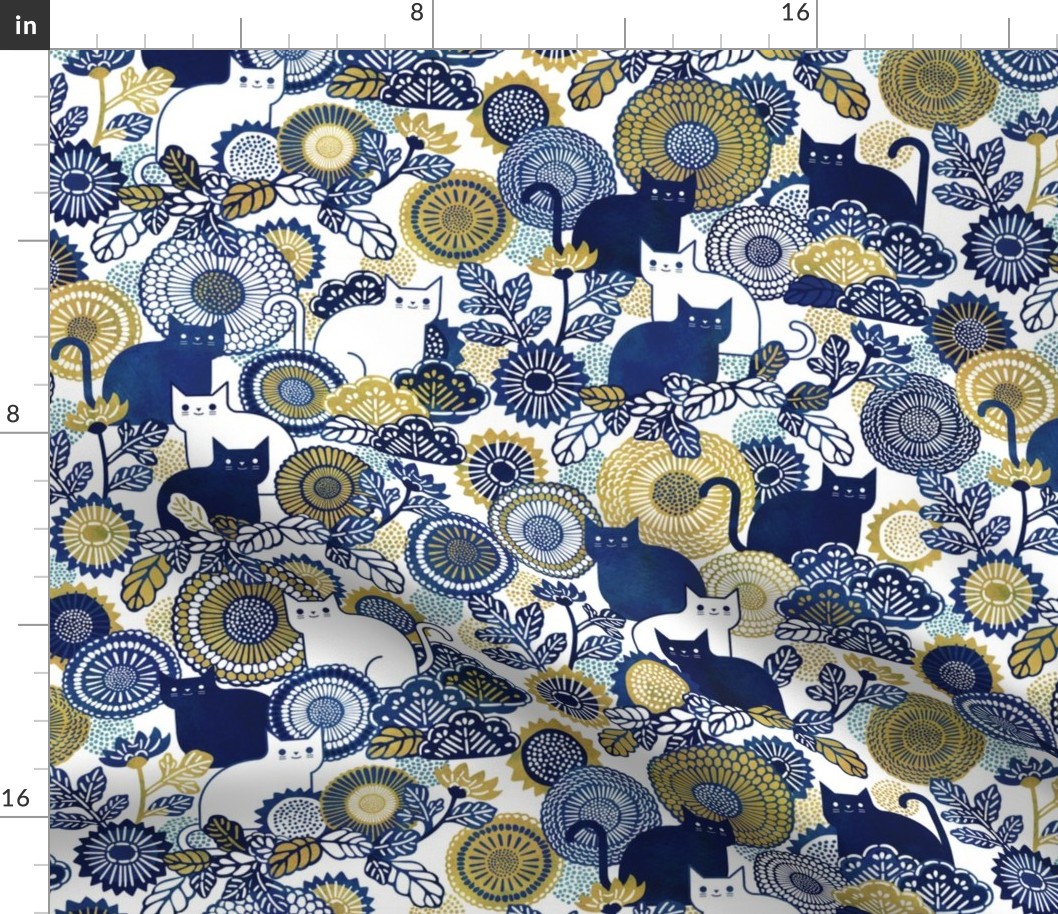 Midsummer Cats Small- Cat and Flowers- Japanese Vintage Floral- White- Indigo Blue- Navy Blue- Gold- Yellow