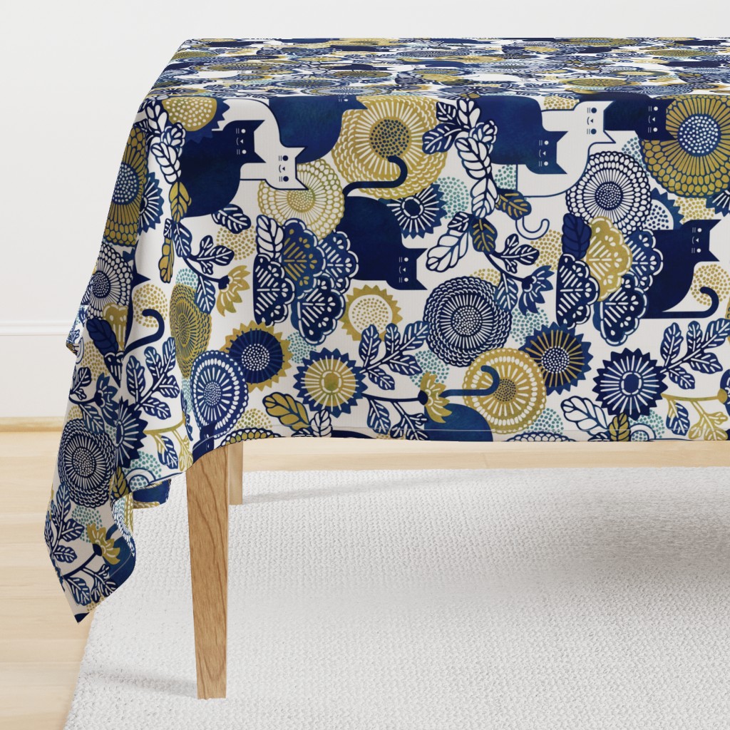 Midsummer Cats Large- Cat and Flowers- Vintage Japanese Floral- Home Decor- Wallpaper- White- Indigo Blue- Navy Blue- Gold- Yellow