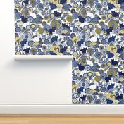 Midsummer Cats Large- Cat and Flowers- Vintage Japanese Floral- Home Decor- Wallpaper- White- Indigo Blue- Navy Blue- Gold- Yellow