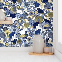 Midsummer Cats Large- Cat and Flowers- Vintage Japanese Floral- Home Decor- Wallpaper- White- Indigo Blue- Navy Blue- Gold- Yellow