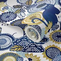 Midsummer Cats Large- Cat and Flowers- Vintage Japanese Floral- Home Decor- Wallpaper- White- Indigo Blue- Navy Blue- Gold- Yellow