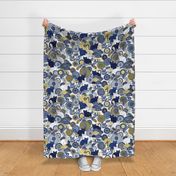 Midsummer Cats Large- Cat and Flowers- Vintage Japanese Floral- Home Decor- Wallpaper- White- Indigo Blue- Navy Blue- Gold- Yellow