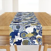 Midsummer Cats Large- Cat and Flowers- Vintage Japanese Floral- Home Decor- Wallpaper- White- Indigo Blue- Navy Blue- Gold- Yellow