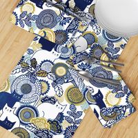 Midsummer Cats Large- Cat and Flowers- Vintage Japanese Floral- Home Decor- Wallpaper- White- Indigo Blue- Navy Blue- Gold- Yellow