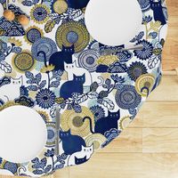 Midsummer Cats Large- Cat and Flowers- Vintage Japanese Floral- Home Decor- Wallpaper- White- Indigo Blue- Navy Blue- Gold- Yellow