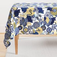 Midsummer Cats Large- Cat and Flowers- Vintage Japanese Floral- Home Decor- Wallpaper- White- Indigo Blue- Navy Blue- Gold- Yellow