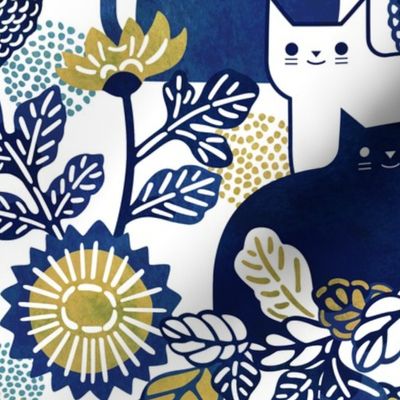 Midsummer Cats Large- Cat and Flowers- Vintage Japanese Floral- Home Decor- Wallpaper- White- Navy Blue- Gold- Yellow