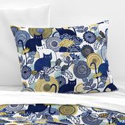 Midsummer Cats Large- Cat and Flowers- Vintage Japanese Floral- Home Decor- Wallpaper- White- Indigo Blue- Navy Blue- Gold- Yellow