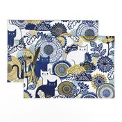 Midsummer Cats Large- Cat and Flowers- Vintage Japanese Floral- Home Decor- Wallpaper- White- Indigo Blue- Navy Blue- Gold- Yellow