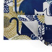 Midsummer Cats Large- Cat and Flowers- Vintage Japanese Floral- Home Decor- Wallpaper- White- Indigo Blue- Navy Blue- Gold- Yellow